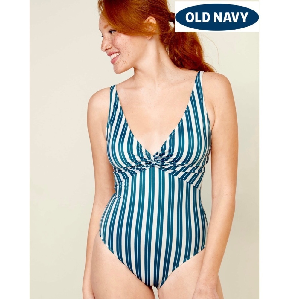 Old Navy Teal Striped Twist-Front One-Piece Swimsuit